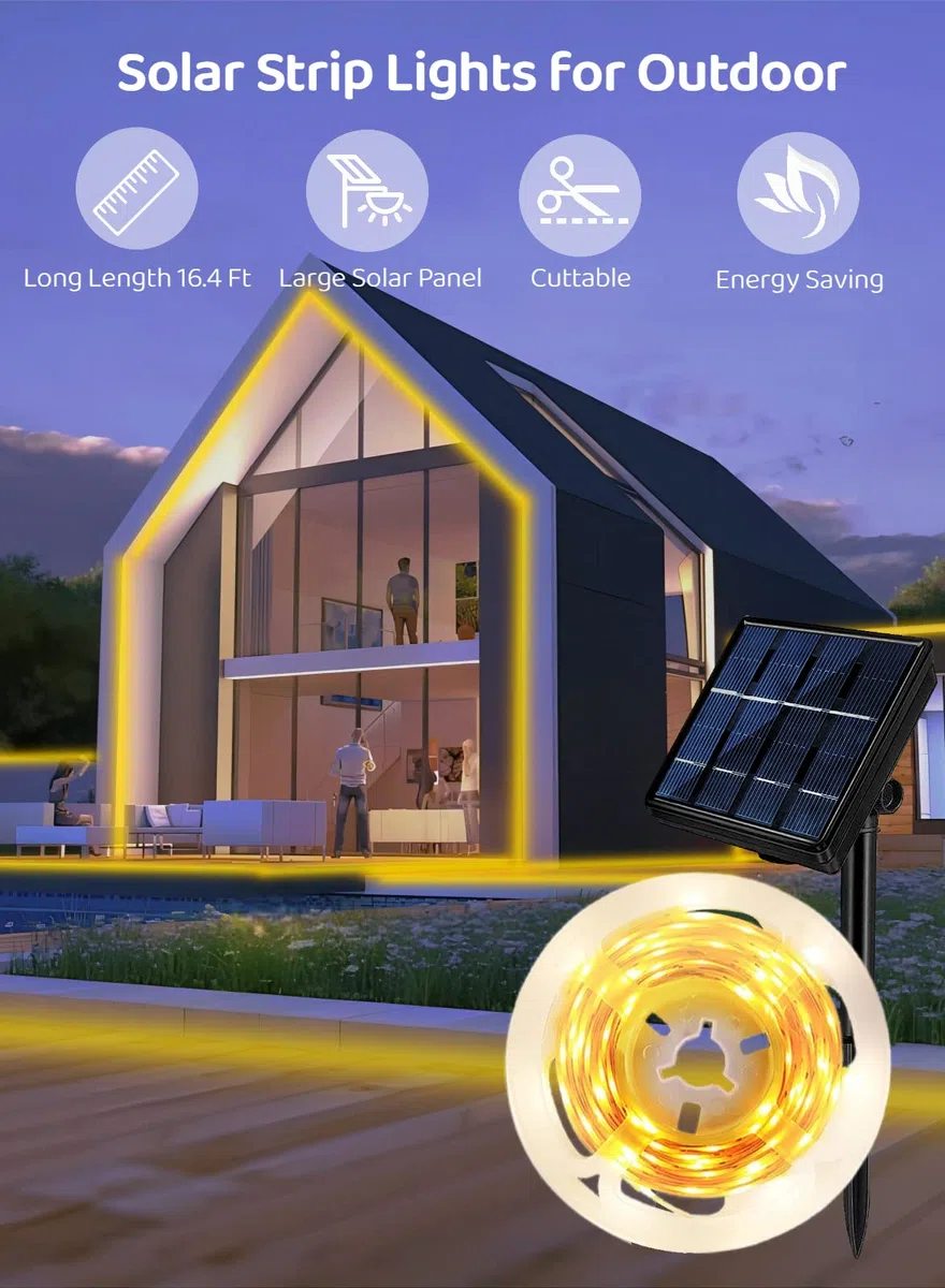 Striscia LED Solare da Esterno 5m, Bianco Caldo 2700K Nastri LED Solare per Esterni Autoadesivo con Telecomando, 320 LED, Dimmerabile, 8 Modalità, IP65 Impermeabile, per Giardino, Garage