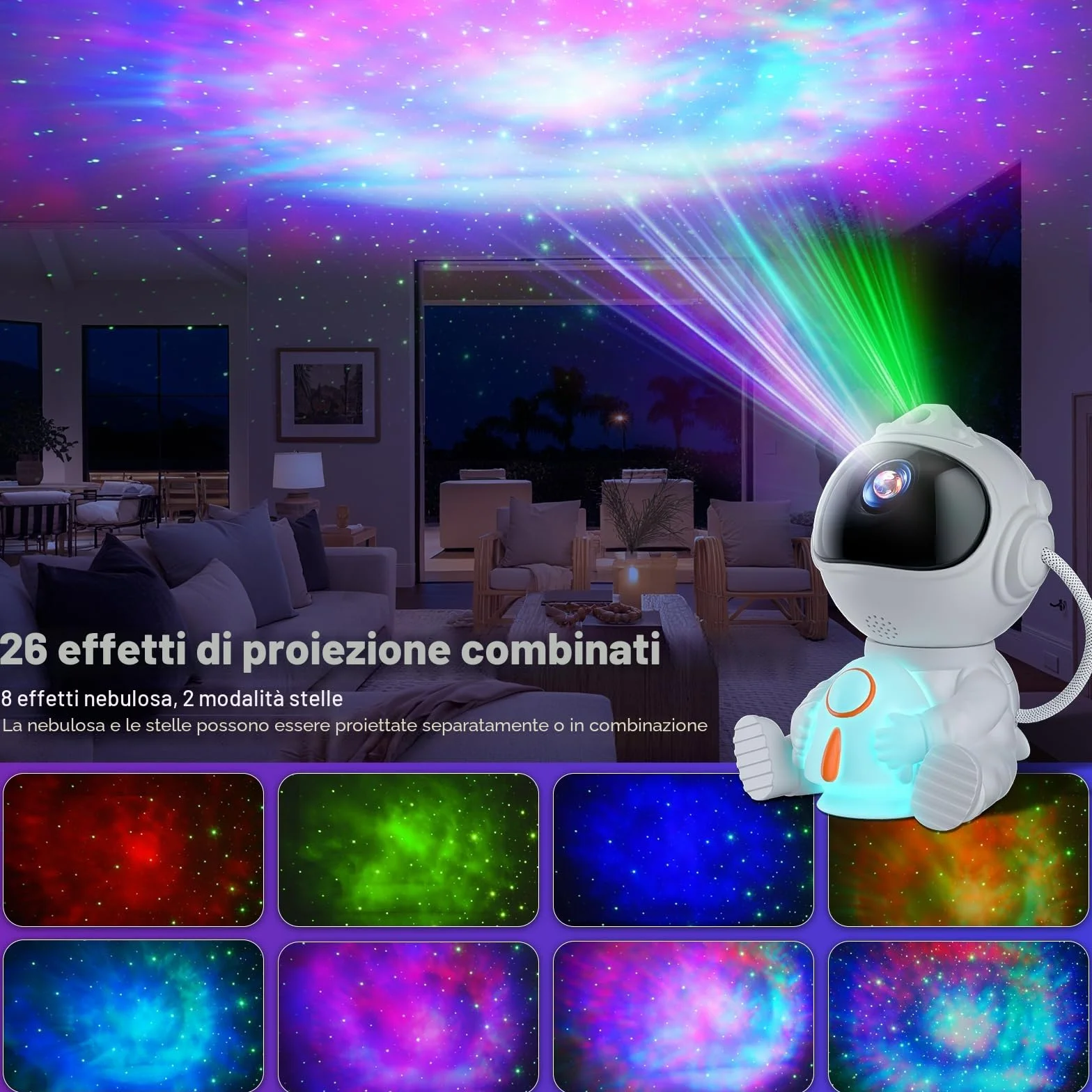 Proiettore Stelle Soffitto, LED Astronauta Proiettore Stelle Telecomando, 8 Modalità di Nebulosa & 5 Modalità di Luminosità e Velocità, Luce Notturna a Razzo, Lampada Proiettore Stelle Bambini Adult