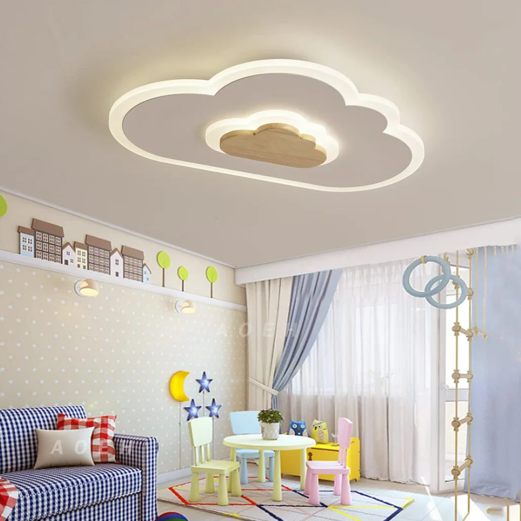 Plafoniera a LED lampada da soffitto creativo nuvole,con telecomando dimmerabile legno lampadario bambini 20W bianche moderne Plafoniera per soggiorno camera da letto camera dei bambini,40cm
