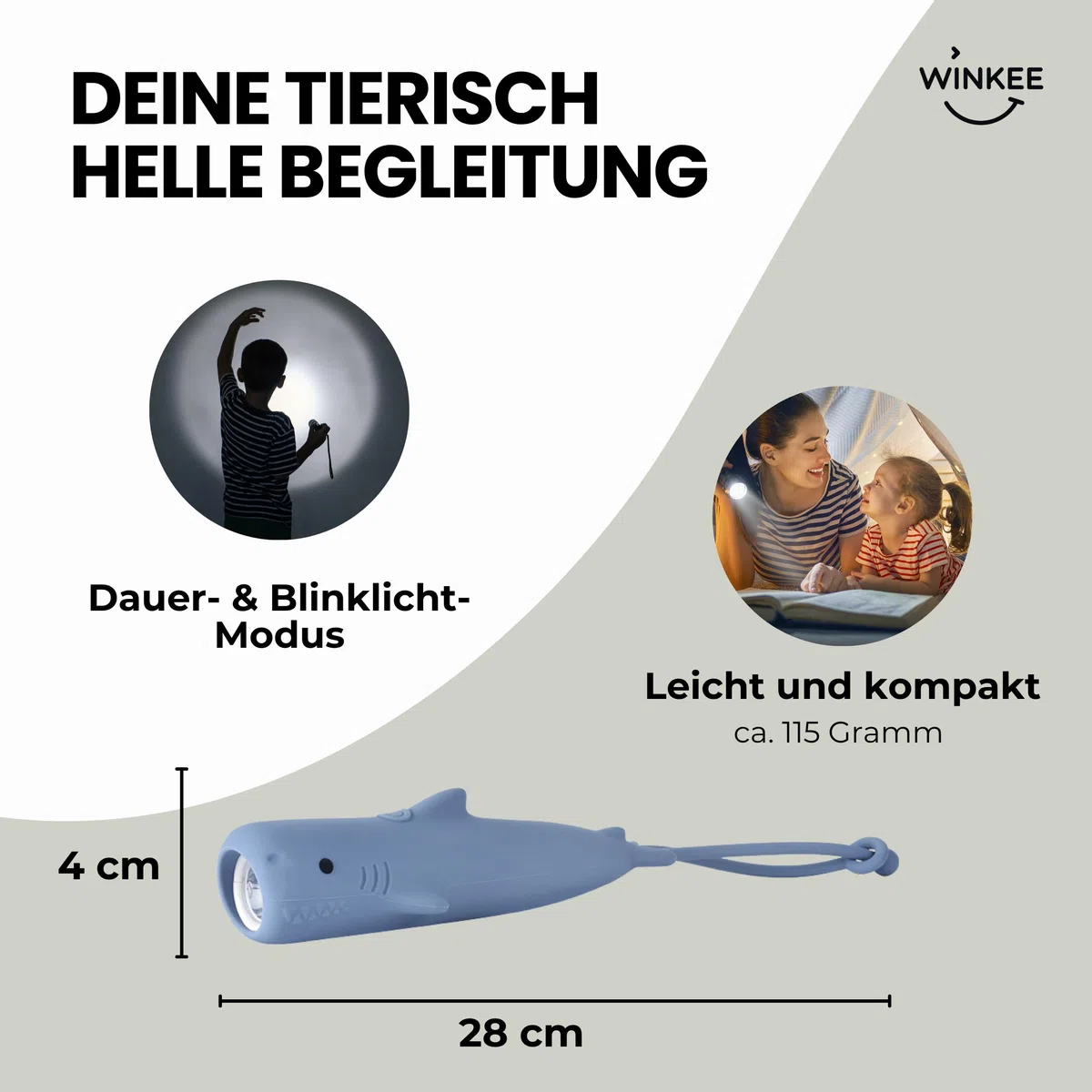 Winkee - Torcia tascabile Hai Hugo I Piccola torcia LED ricaricabile I Con batteria I Circa 12 ore di durata della batteria