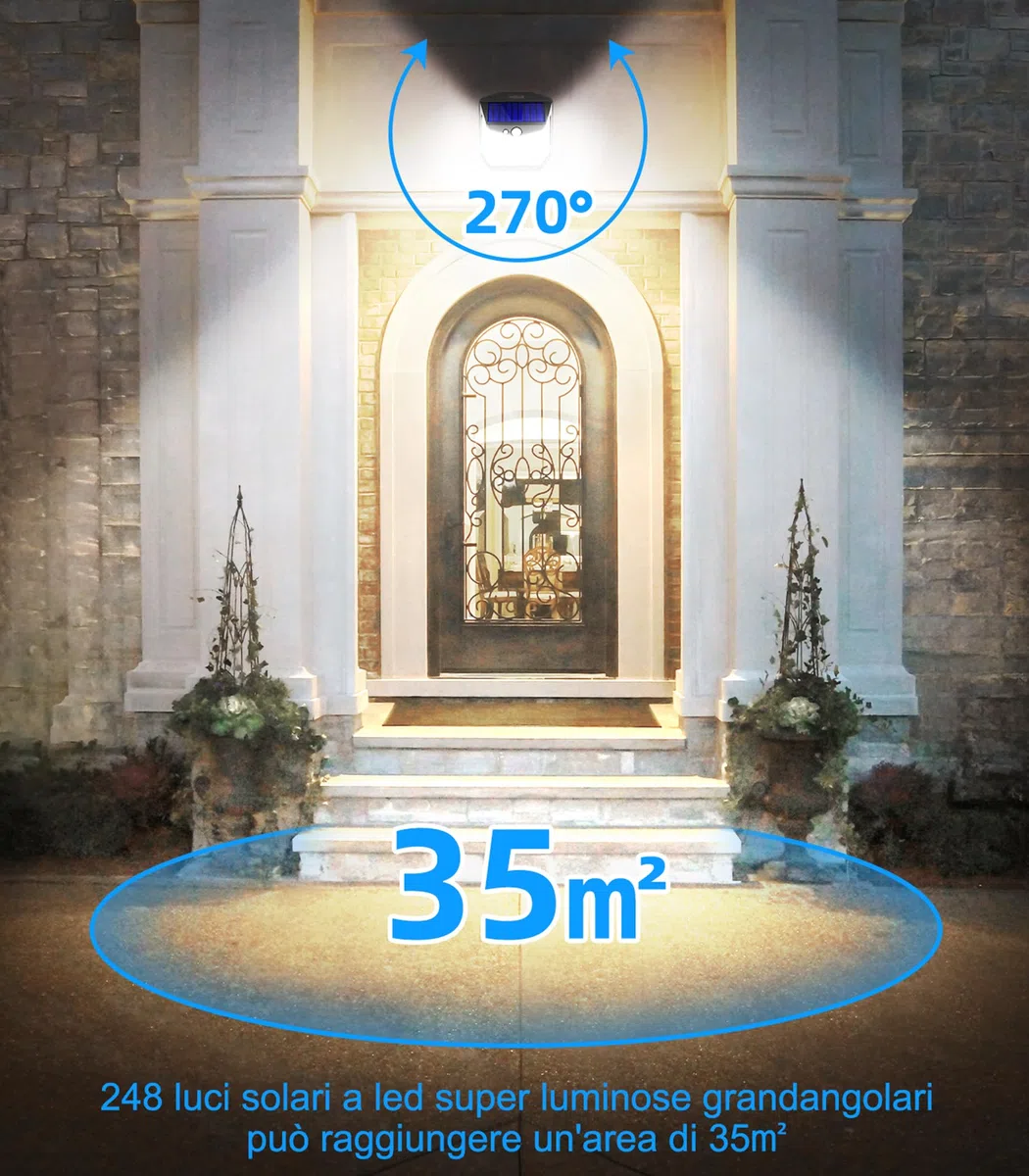 Luci LED Esterno Giardino Solare - 248 LED Luce Esterno con Pannello Solari con Sensore da Movimento 3 Modos 270° Illuminazione Lampada Solare da Esterno IP65 Impermeabile per Parete Garage 4 Pezzi