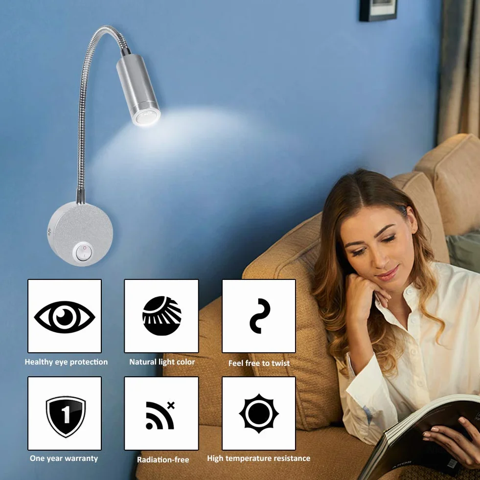 Lampada Letto LED, Letto Minimalista Lampada Lavoro Luce Dimmerabile Interruttore Testata Parete con Collo Cigno Flessibile per Testiere Home Office Studio Alberghi (6500 K Bianco - 3 W)