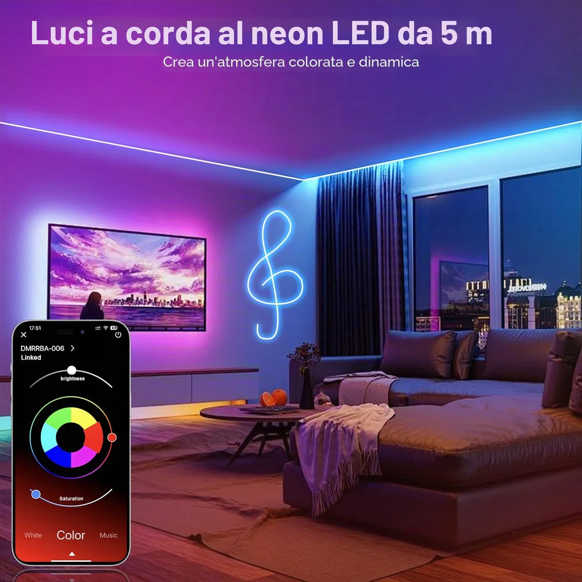 Macchiatto Neon LED Striscia 5M, DIY RGB Striscia LED Camera con App/Telecomando, Sync Musica, Impermeabile per Interni, Esterni, Decorazione Camera da Letto Gaming