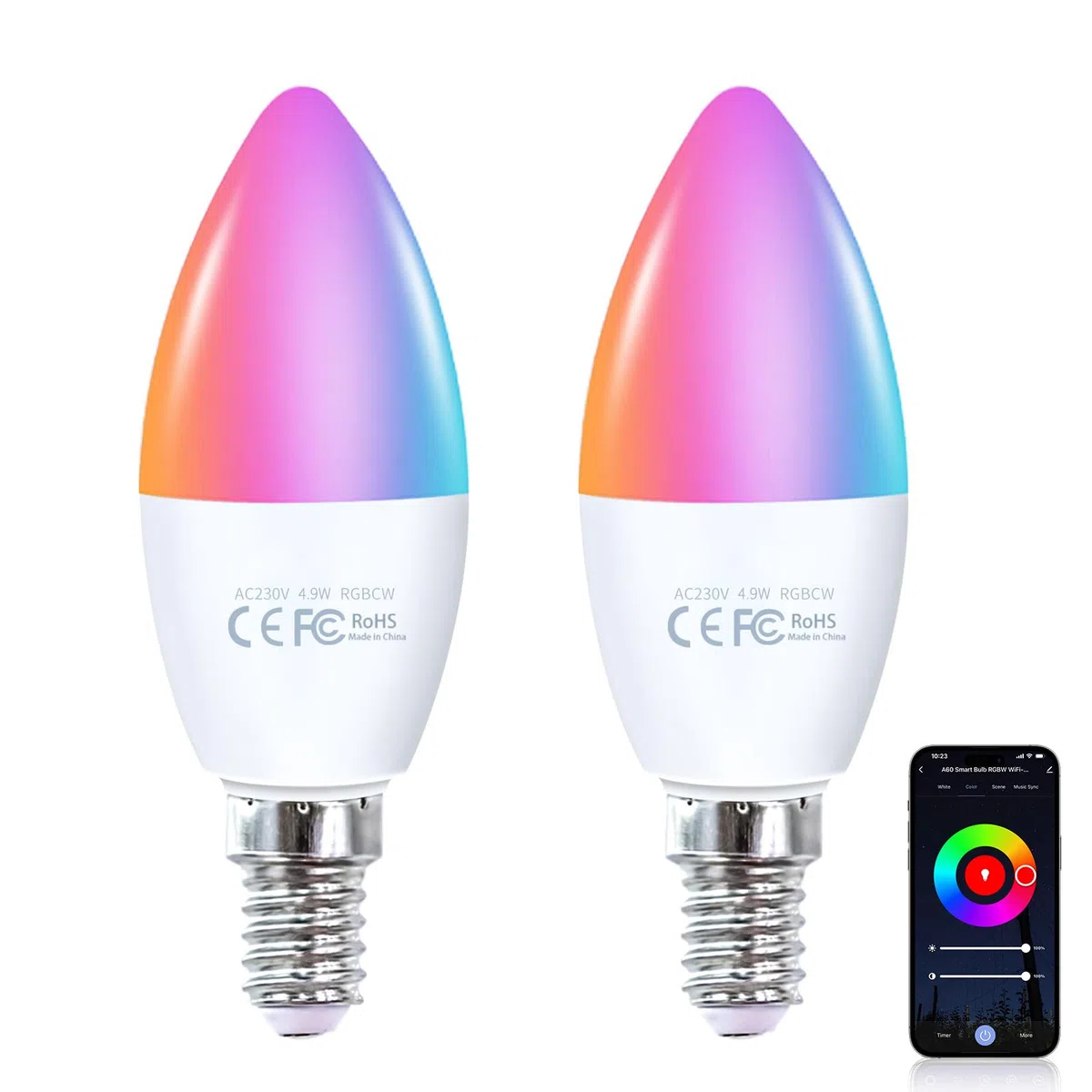Fitop Lampadine intelligenti Alexa, E14 Wlan LED Lampadina Dimmerabile 4.9W 470Lm, RGB 16 Milioni di Colori, Controllo APP Compatibile con Alexa/Google Home, Controllo Vocale, 2 Pezzi