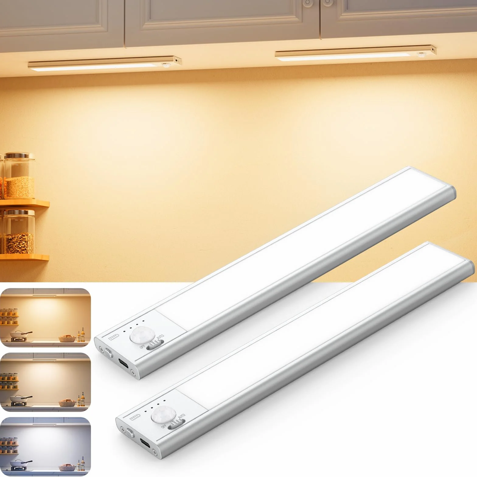 Luce LED Sottopensile Cucina Con Sensore Di Movimento, Ricaricabile Striscia LED A Batteria, Illuminazione LED Per Camera Da Letto, Armadietto - Luce Per Armadio, Scale, Pensile (22 cm, 2 pack)