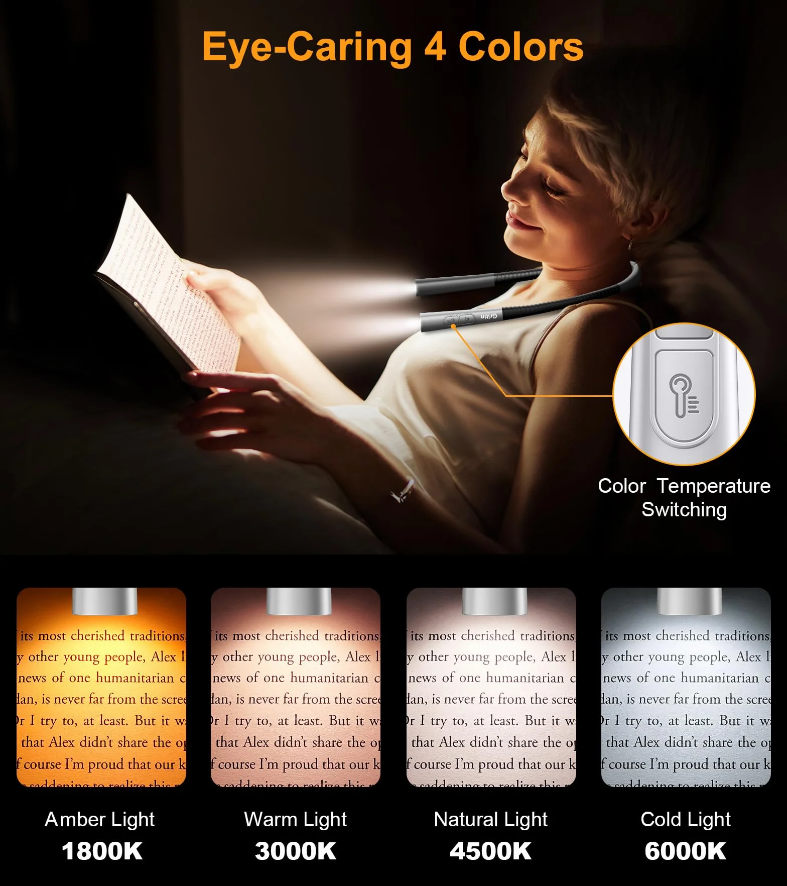 Gritin Luce per Lettura Libri a Letto Collo, LED Luce Lampada da Lettura per Libro, Ricaricabile, Timer da 30 Minuti, 4 Temperature Colore, Dimmerabile Senza Livelli, Perfetta per Notturna Leggere