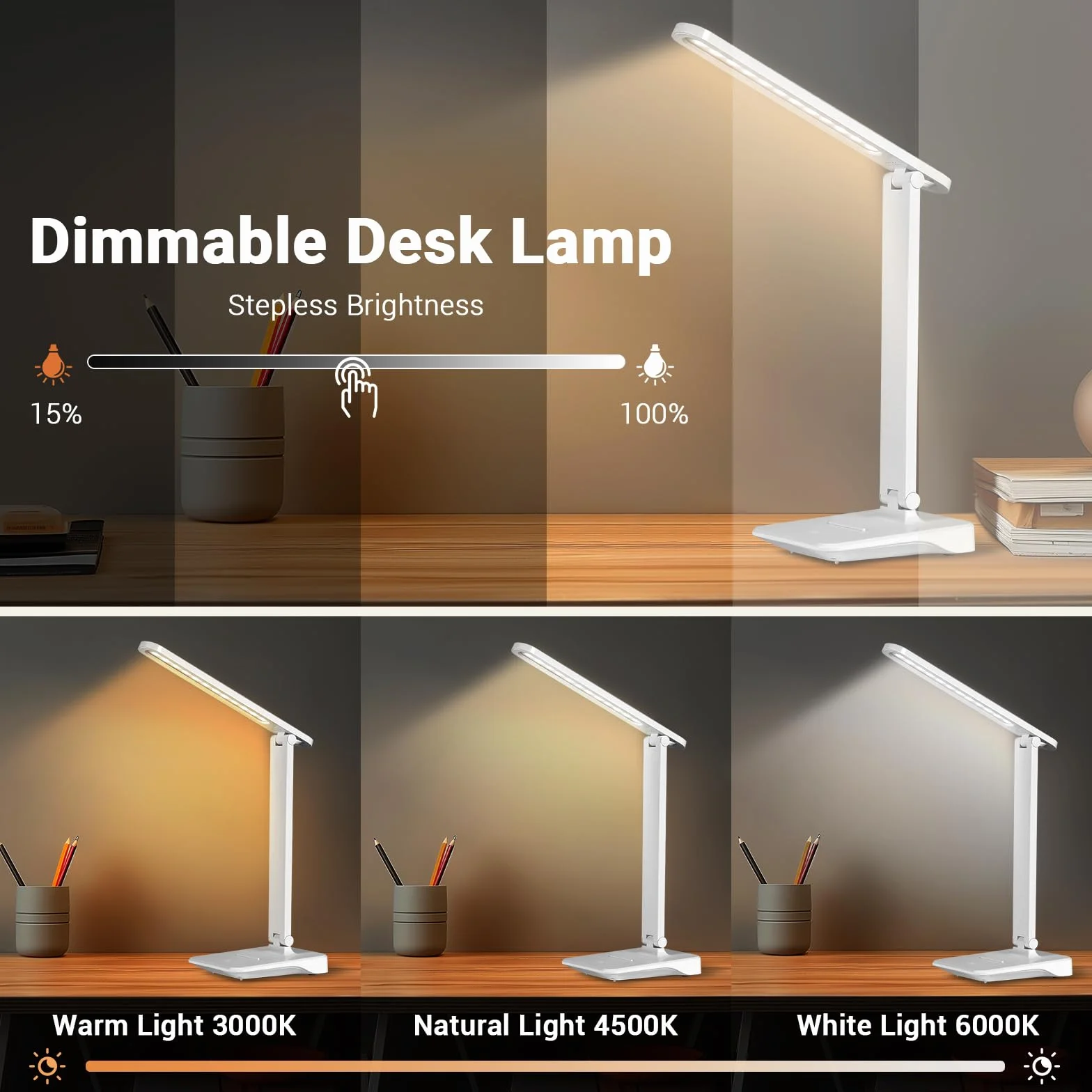 Diboniur Lampada da Scrivania LED, Senza Fili e 2400mAh Batteria, 3 Modalità Temperatura & Luminosità Regolabili 15 al 100%, Pieghevole, Tocca Controllo, Protezione per Gli Occhi, per Comodino Ufficio