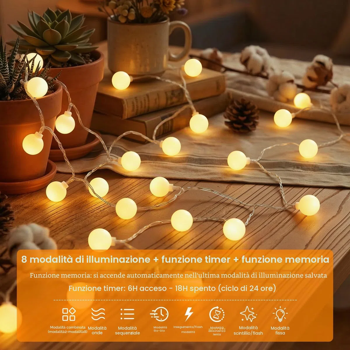Catena Luminosa Esterno Interno, 60LEDs 10M Luci LED a Batteria con USB 8 Modalità FunZione Timer IP65 Impermeabile, Lucine LED Decorative per Balcone Giardino Feste Camera Campeggio Natale