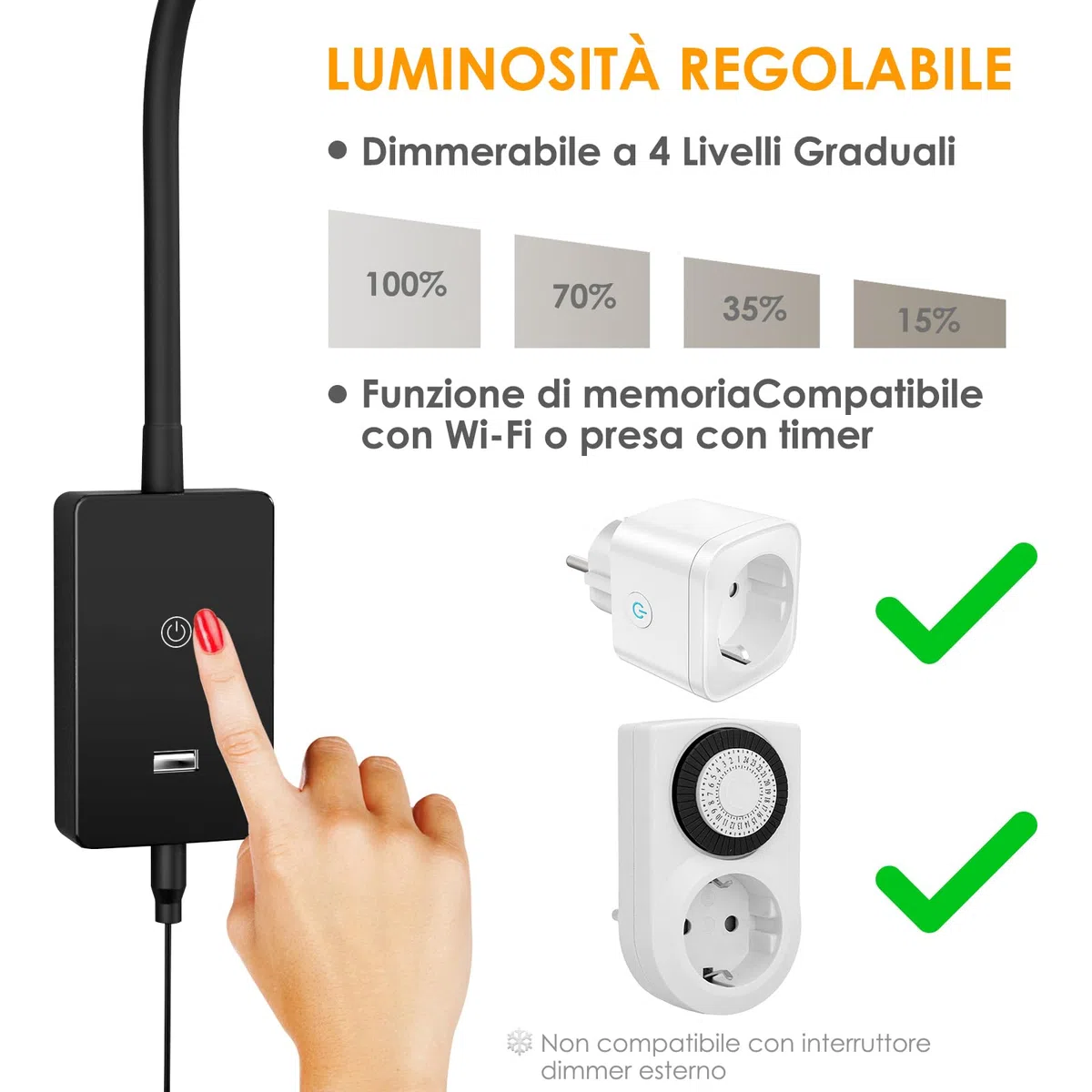 ENUOTEK Lampada da Lettura a LED con Dimmer Ttouch, Applique da Lettura, Lampada da Lettura per il Letto con Porta USB da 2A e 4 Livelli di Luminosità (100% - 70% - 35% - 15%), 4000K