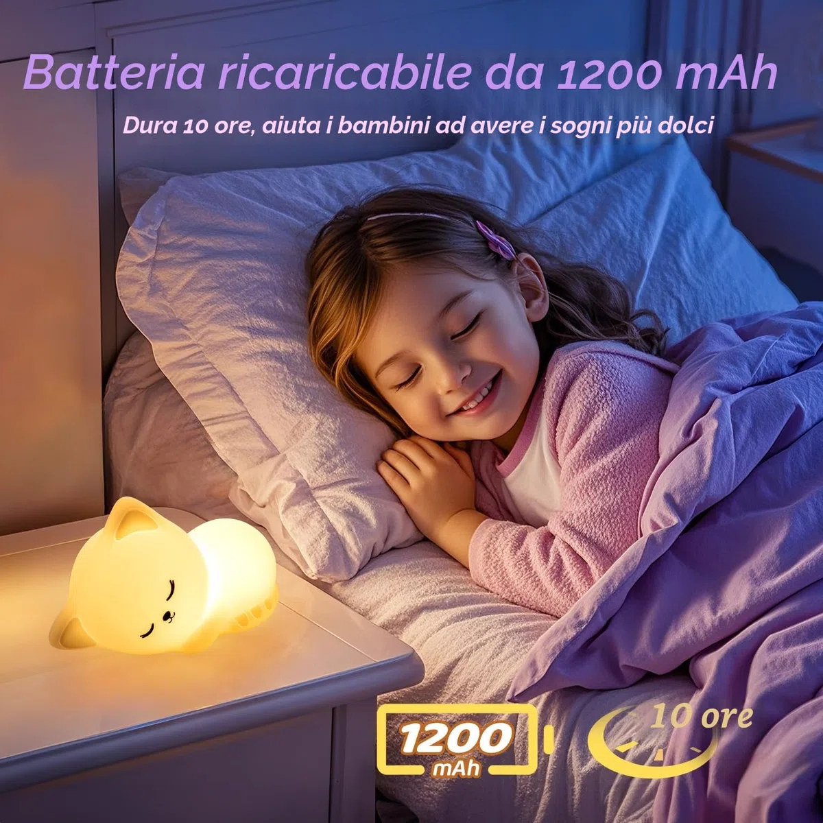 One Fire Luce Notturna Bambini, 16 RGB Colori+Telecomando+Ricaricabile Luce Notturna Bambini, Portatile & Senza Fili, Lampada Gatto Neonato Cameretta