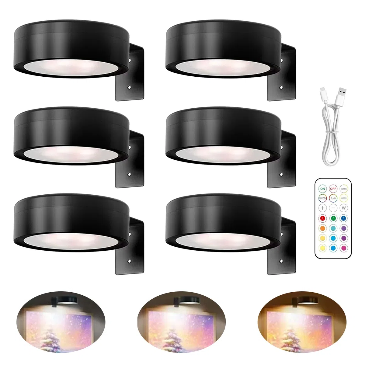 Faretto Magnetico Senza Fili con Telecomando, Ricaricabile, 13 Modalità di Illuminazione, Dimmerabile, Timer, Senza Foratura, per Quadri, Bersagli da Dardo, Cornici e Ritratti (Nero, 6 Pezzi)