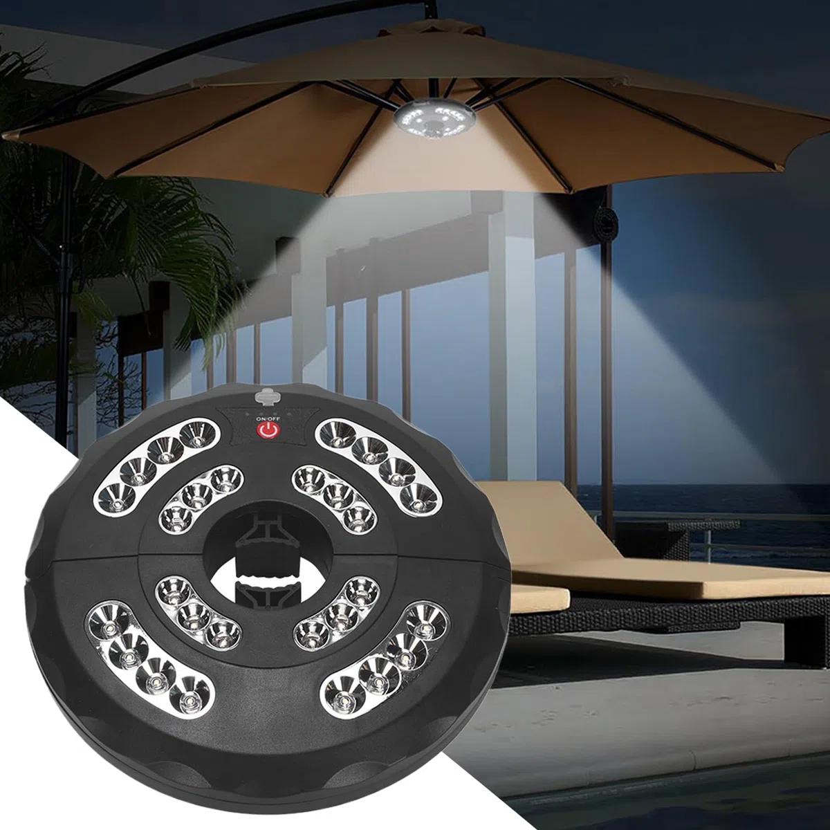 Luce per ombrellone – per patio esterno, lampada da esterno ricaricabile, lampada da esterno con 3 modalità regolabili, impermeabile, ricaricabile per giardino, piscina, cortile, campeggio