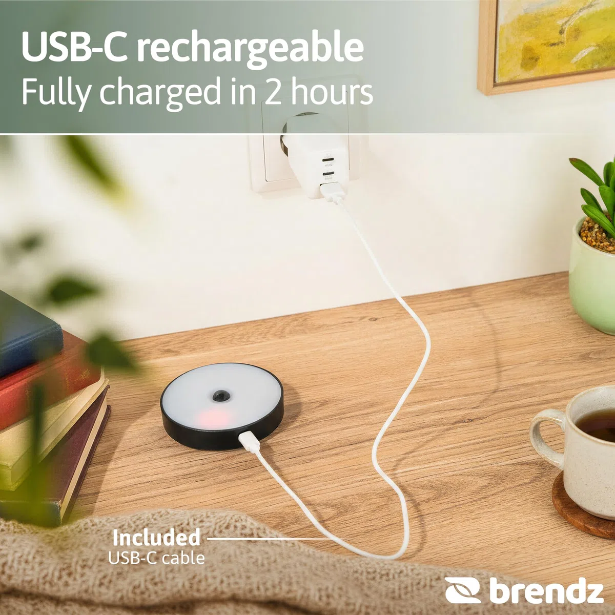 Brendz Luce Armadio LED con Sensore Rotonda, Luce Armadio, Ricaricabile USB-C, Magnetica, 4 pezzi, Bianco Caldo 3000K, Luci LED per Armadio Senza Fili, nero