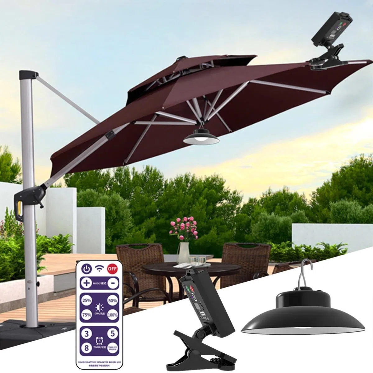 Luci per ombrelli da Esterno | Ombrello Impermeabile ad energia Solare con Clip - Ombrello a LED Ricaricabile per Patio per da Spiaggia, Campeggio, Decorazione per Feste in Giardino