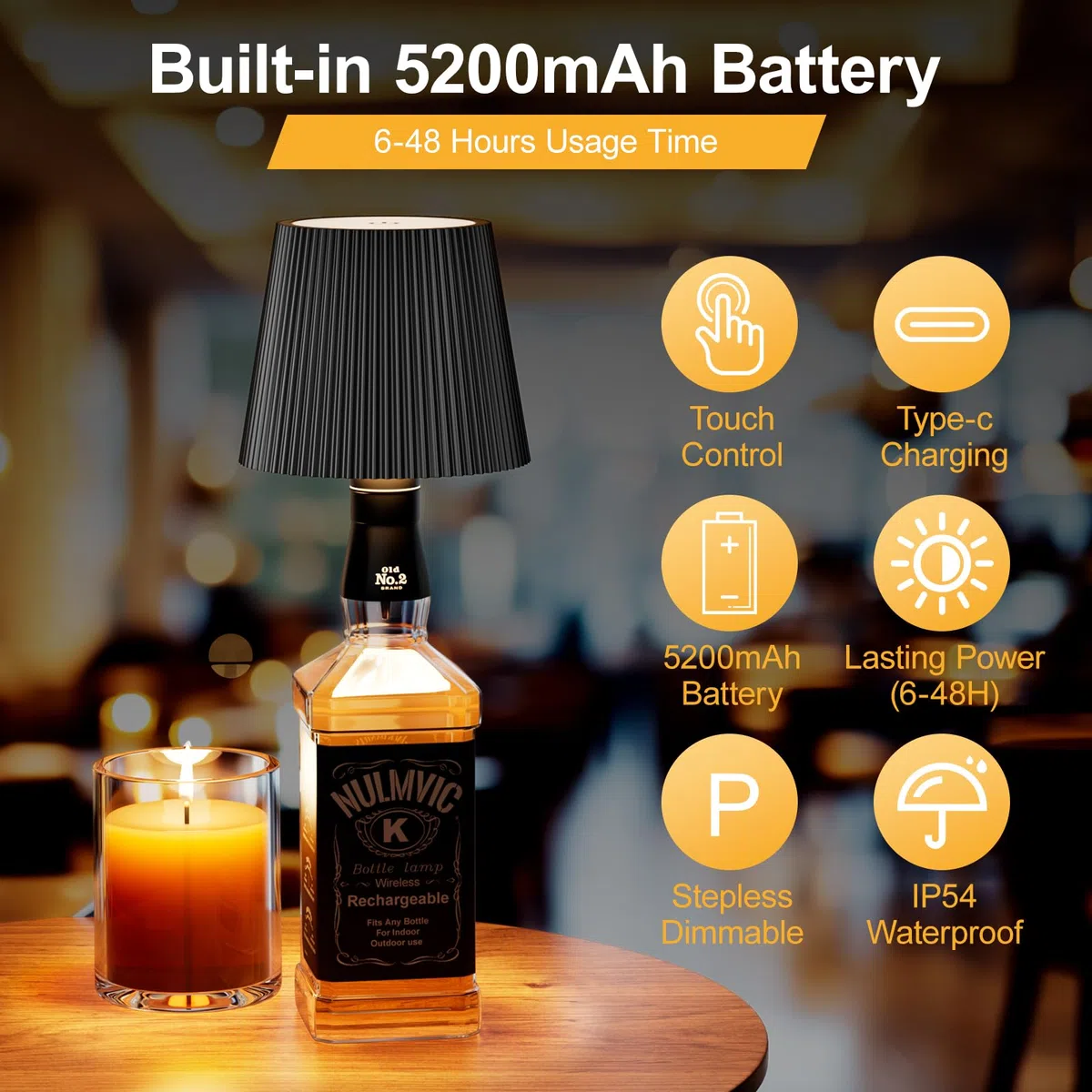 Lampada per Bottiglia LED Ricaricabile - 5200mAh Lampada da Tavolo Senza Fili Dimmerabile 3 Colori - IP54 Impermeabile Comando a Tocco per Interno Esterno Famiglia Ristorante Bar (Nero)