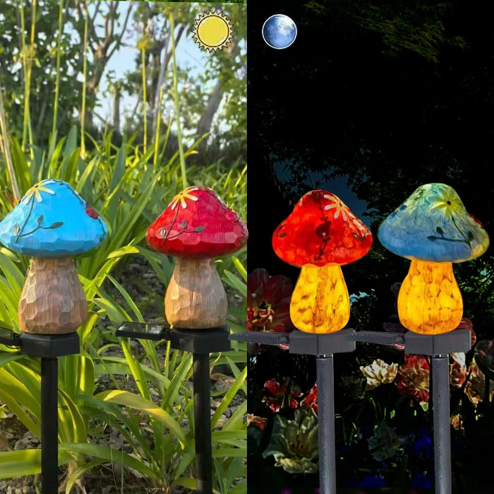 2 pacchetto solare alimentato rosso e blu funghi luci da pavimento, giardino decorativo resina lampada funghi carino, tramonto senza fili all'alba luci LED impermeabili.
