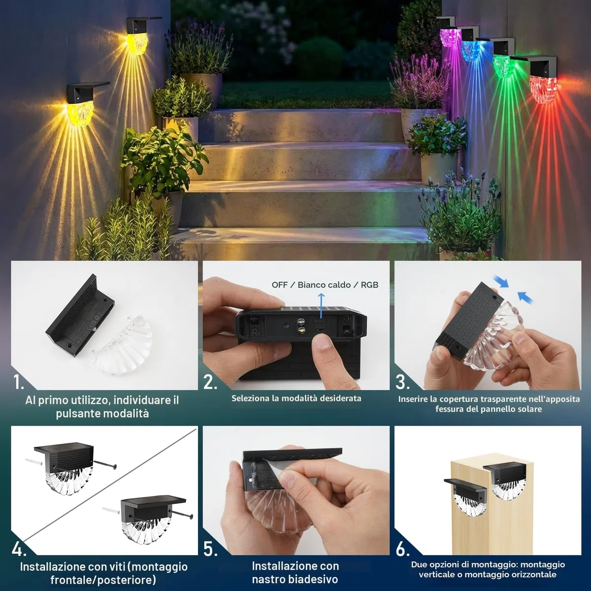 FIFlying Luci Solari da Giardino, 6 Pezzi Luce Solare Led Esterno, IP65 Impermeabile Lampade Solari da Esterno, 3 Modalità, Auto ON/OFF per Gradini Cortili Prato Vialetto, Bianco Caldo/RGB