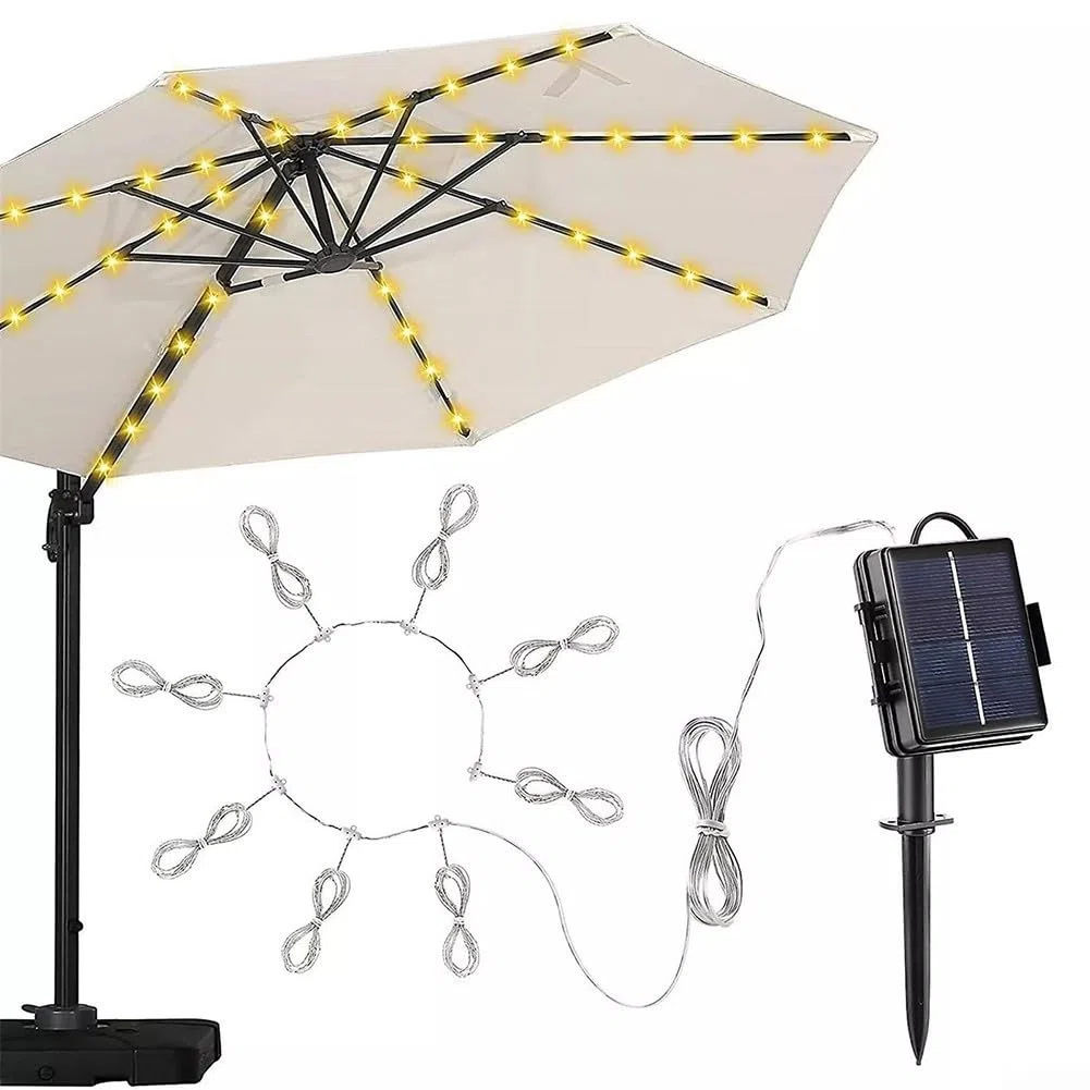 Luci per ombrellone, ad energia solare, impermeabili, per esterni, patio, 8 modalità, 104 LED, per giardino, patio, campeggio, tenda, decorazione per feste (bianco caldo)
