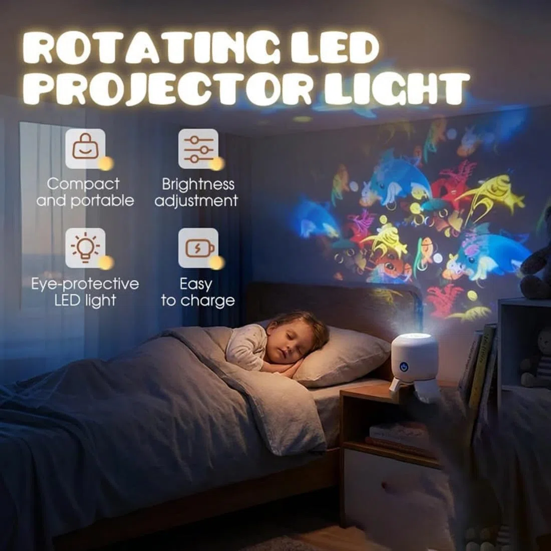 Proiettore di luce LED rotante dinamico per bambini, oceano, ricaricabile USB, dimmerabile, proiettore per bambini per camera da letto, Calma e relax