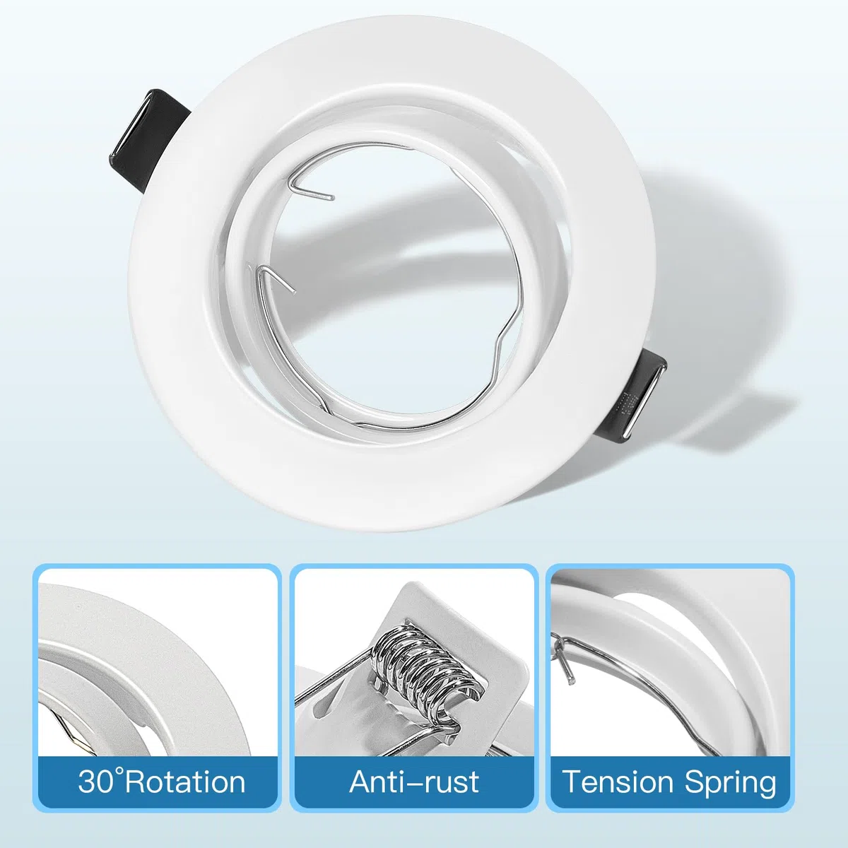 Set di 6 Faretti LED da Incasso per Cartongesso, Rotondi Bianchi Orientabili a 30° con Portalampada GU10, Compatibili con Lampadine LED e Alogene da 50mm, Cornice Portafaretto per Soffitto