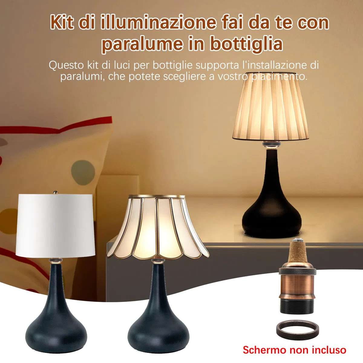 Kit Lampada Per Bottiglia di Vino Con 3 Tappi di Sughero - DIY Lampada da Tavolo, Adattatore Portalampada E27 Con Spina e Interruttore
