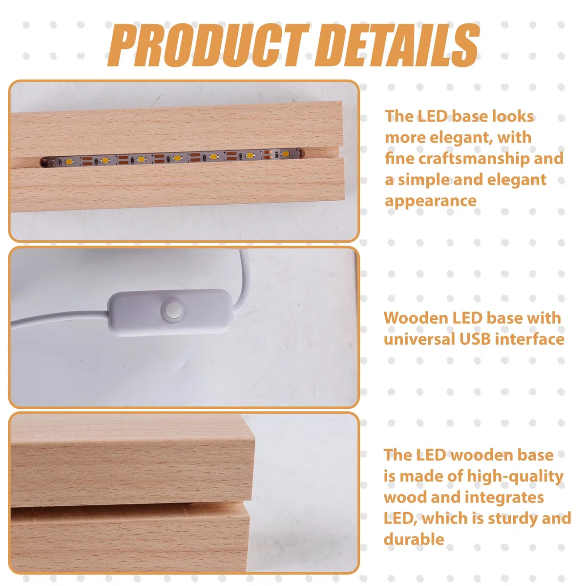 Set di 4 supporti di base LED USB in legno con base a LED da scrivania, con interruttore USB, per piastre acriliche fai da te, per vetro smerigliato, piastra di cristallo