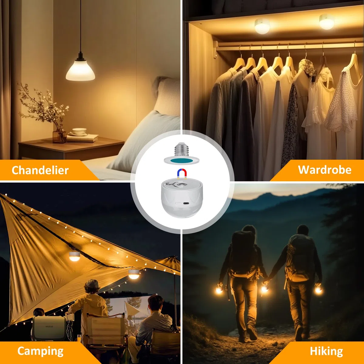 Lampadina Ricaricabile USB-C con Telecomando - E27 Lampadine a Batteria Senza Fili 9W 12 Colore Dimmerabile - Magnetica LED Lampada con Funzione di Timing Luce di Emergenza 2 Pack