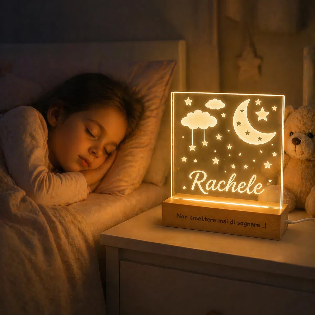 SBUGATTA |Lampada Personalizzata Con Nome |Lampada Notturna Bambino Bambina Neonato |Luce Notturna Personalizzata Bambini |Regalo Battesimo Bimbo Bimba|Regalo Nascita Bimbo Bimba (Luna-Nuvole)