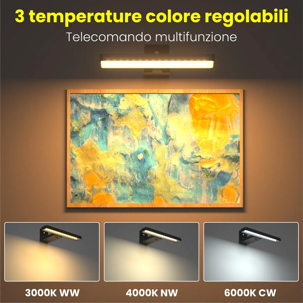 Luce per Quadri Senza Fili, Lampada da Parete Ricaricabile con Telecomando, 3 Temperature di Colore, 10 Livelli di Luminosità Regolabile, Timer, per Dipinti, Specchio e Freccette