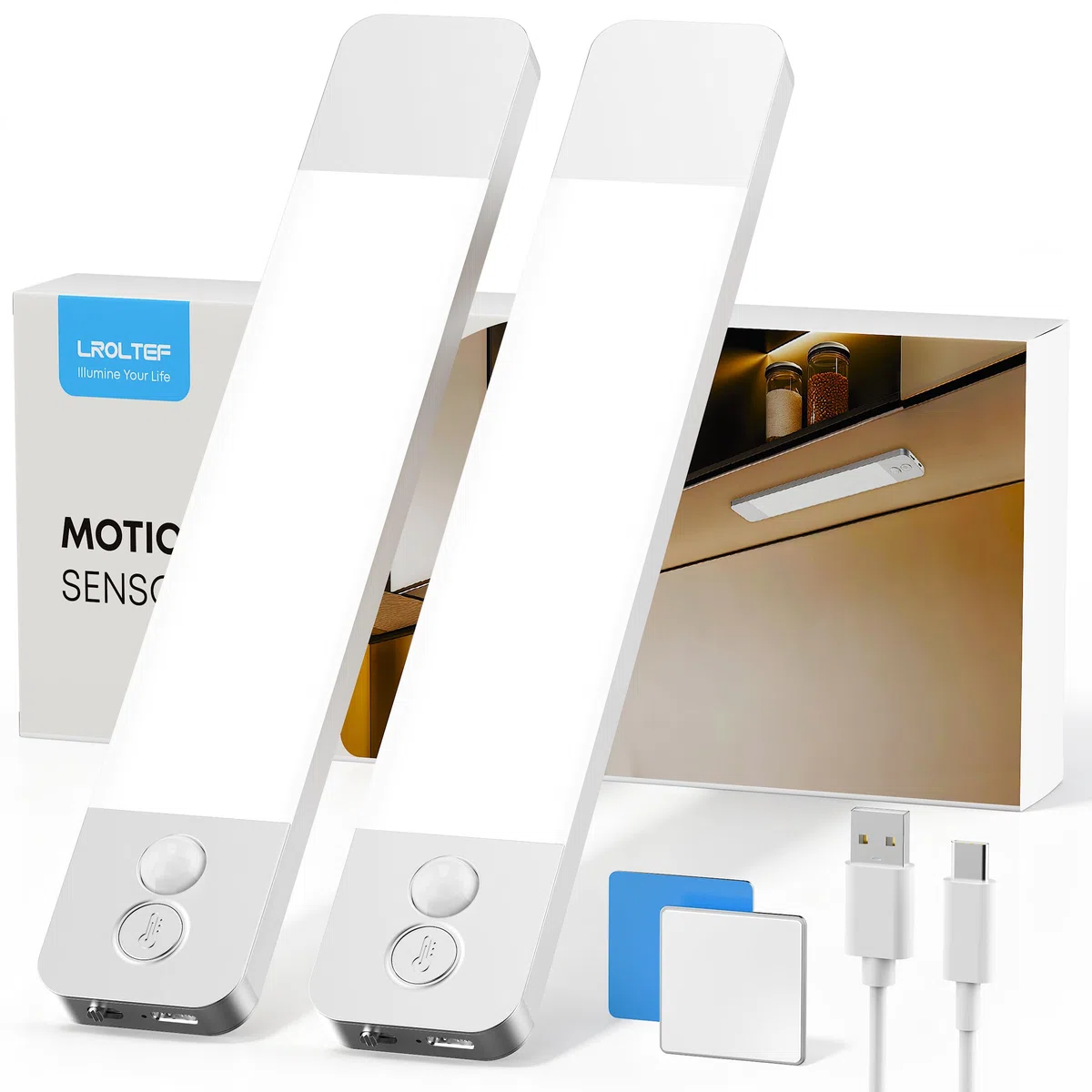 LROLTEF Luce LED Sottopensile Cucina 20CM 1100mAh 4000K Luci con Sensore di Spostamento Sensore di Movimento Armadio Lampada Dimmerabile per Cucina Scale Soggiorno Camere da Letto 2P