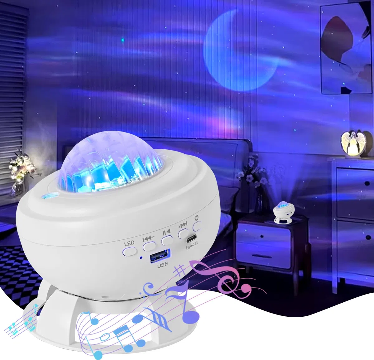proiettore Stelle Soffitto, Lampada a LED con Lettore Musicale Bluetooth e 8 Animazioni Realistiche Della luce Nordica, Proiettore a Stelle per Bambini/adulti, Camera da Letto, Regalo di Compleanno