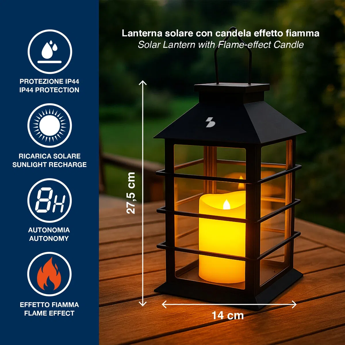 BEPER P207ILO303 Lanterna Solare con Candela LED Effetto Fiamma, Lampada Solare da Esterno con Gancio, Accensione Automatica, Luce Calda Tremolante, IP44 per Giardino e Balcone