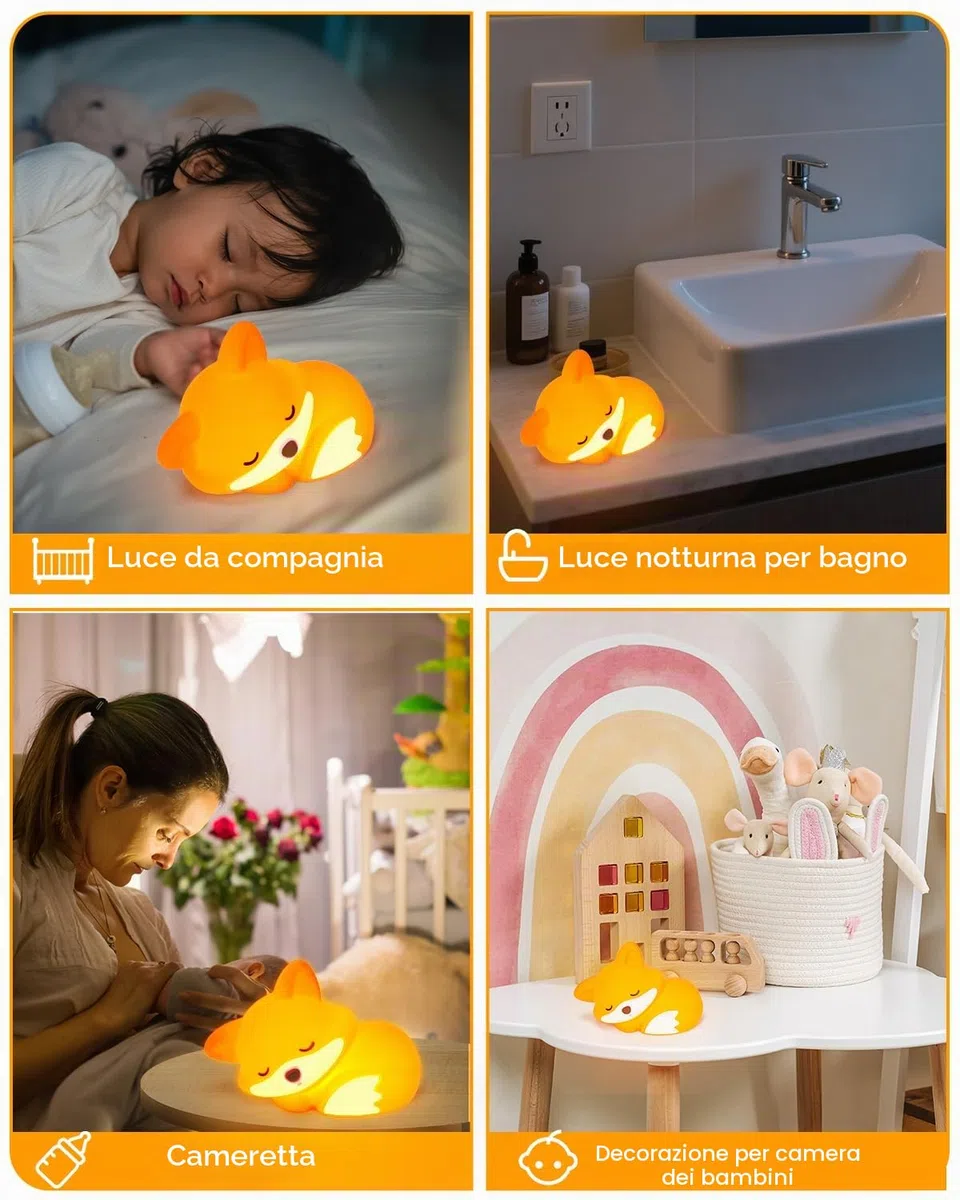 Amaredom Luce Notturna Volpe Simpatica Lampada LED in Silicone Dimmabile con Timer e Touch Control Perfetta per Camera dei Bambini, Comodino, Camera da Letto e Soggiorno