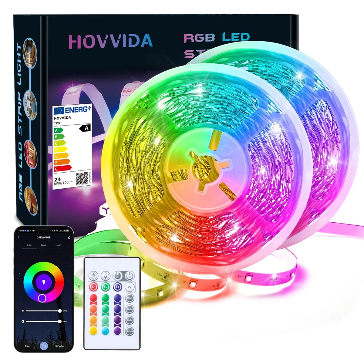 HOVVIDA Striscia LED 20m WiFi, Compatibile con Alexa e Google Home, 30 LED/metro, 2x10m, Luci RGB 24V 600 LED, APP e telecomando, modalità musica, LED per stanza, cucina, camera da letto, fest