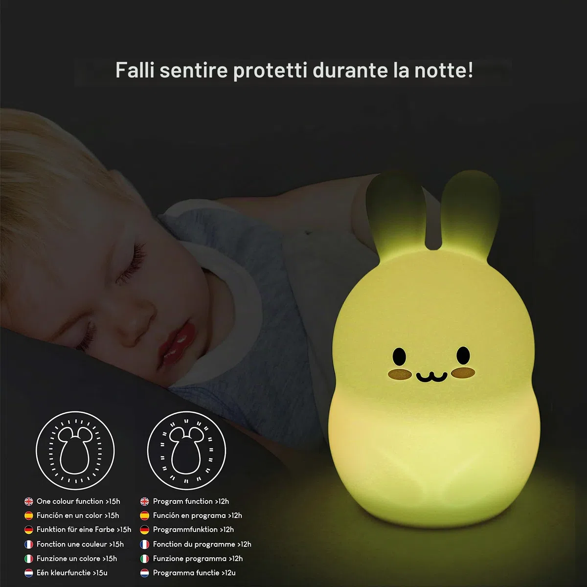 BONNYCO Luce Notturna Bambini con Telecomando e Sensore Tattile 16 Colori. Lampada Notturna per Bambini con Timer, Lucina Notte Bimbi Silicone BPA Free. Coniglio Lampada, Camaretta per Bambina
