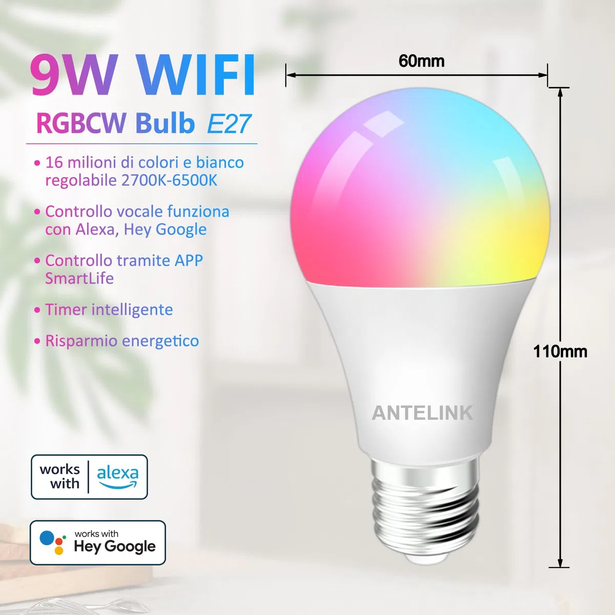 Lampadina Wifi Smart LED E27, 9W 1000lm Lampadina Alexa Dimmerabile, Multicolore 2700k-6500k, Compatibile con Alexa e Google Home, Smart Life/Tuya APP Controllo, 2Pz