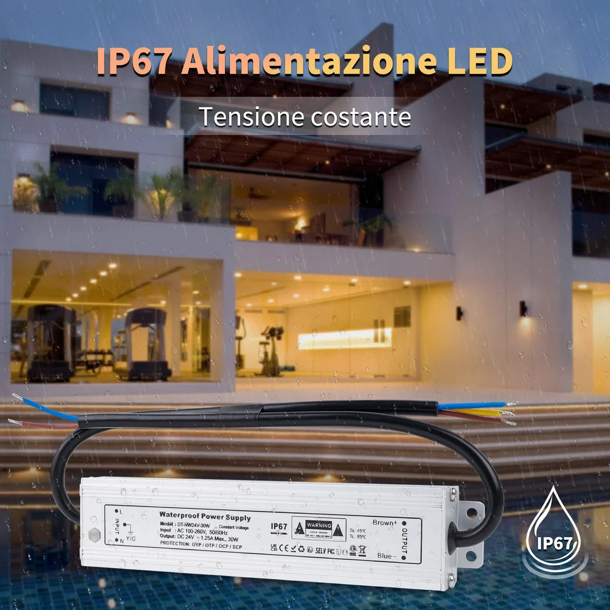 IP67 Impermeabile Trasformatore LED 24V 30W Alimentatore 1.25A, Trasformatori 220V a 24V DC Slim Tensione Costante Switching Driver, per Striscia Lampadine G4 GU5.3 MR11 MR16
