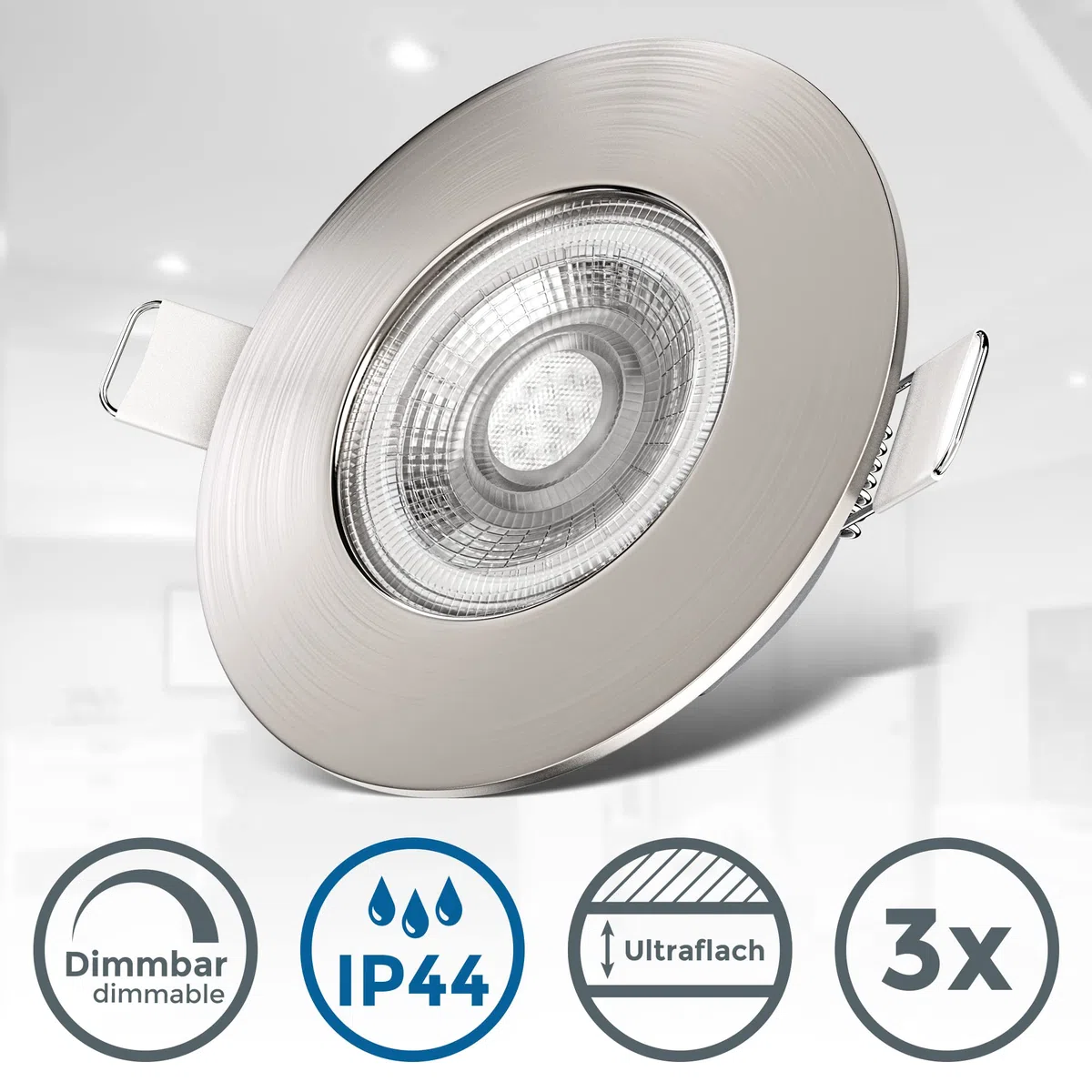 B.K.Licht Faretti LED da incasso dimmerabili ultrapiatti per bagno, LED integrati 4,9W, foro Ø68mm, luce calda 3000K, 480Lm, set da 3, rotondi, plastica color nichel opaco 230V IP44