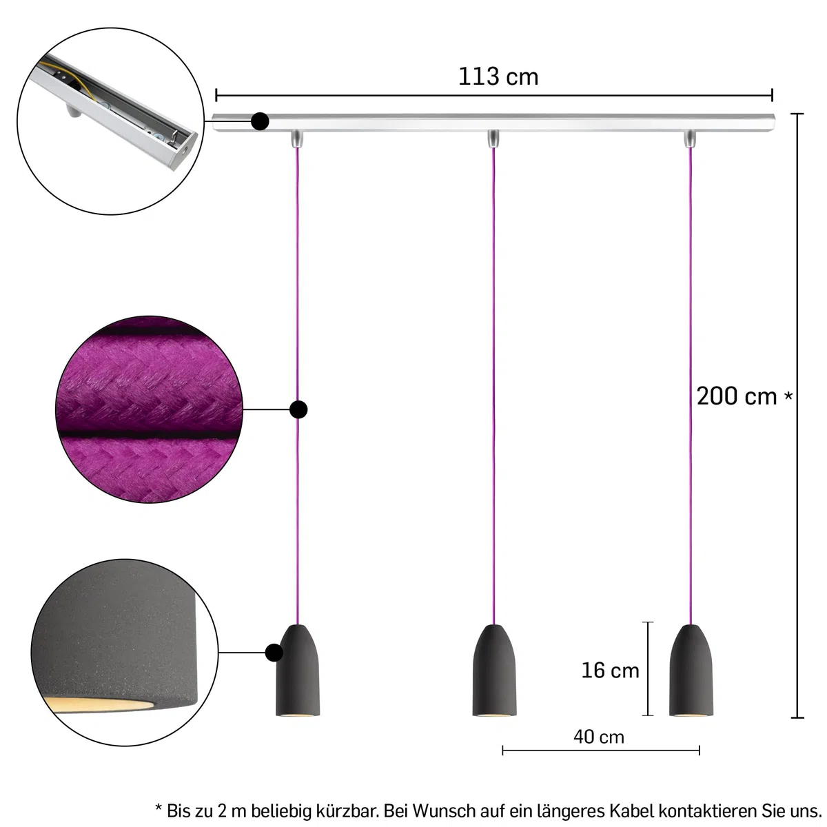 Illuminazione da tavolo da pranzo rotonda (33 colori cavi), binario da soffitto a 3 luci, per sala da pranzo, cemento, grigio scuro, dimmerabile, esclusiva