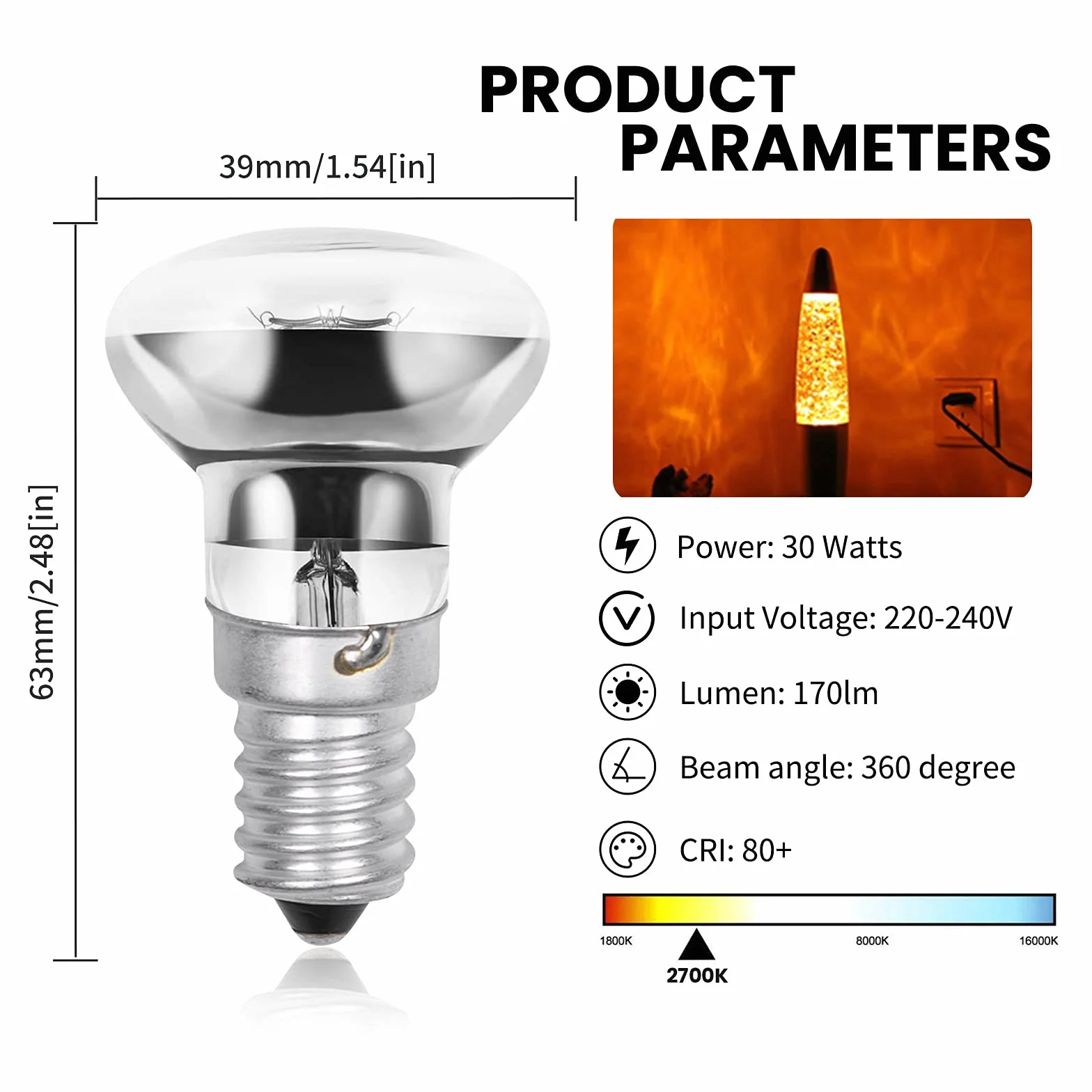 Luxvista 30W R39 E14 Lampadina Riflettore Dimmbar per Lampada Lava Lampadine E14 SES Piccola Vite Edison Lampadine Riscaldanti per Lampada Lava, Bianco Caldo 2700K (2-Pack)