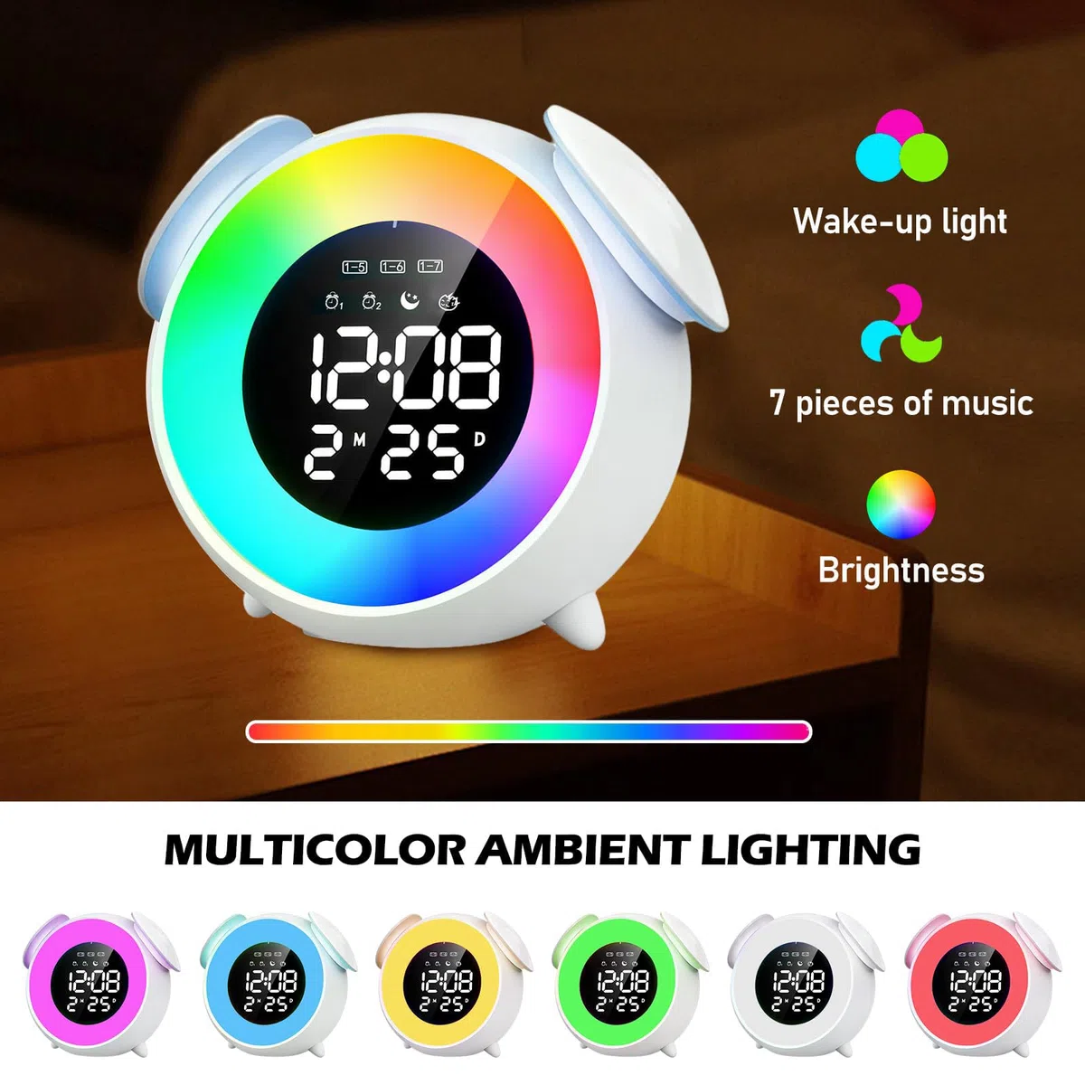 PORFOYO Sveglia luminosa per bambini, sveglia con 7 melodie musicali, simulatore di alba, allenamento digitale, 4 livelli di luminosità