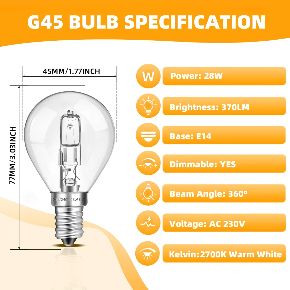 G45 E14 Lampadina 28W Dimmerabile, Bianco Caldo 2700K, 370LM, Lampadine Transparente Golf G45 con Attacco E14 per Lampadari, Applique, Confezione da 6