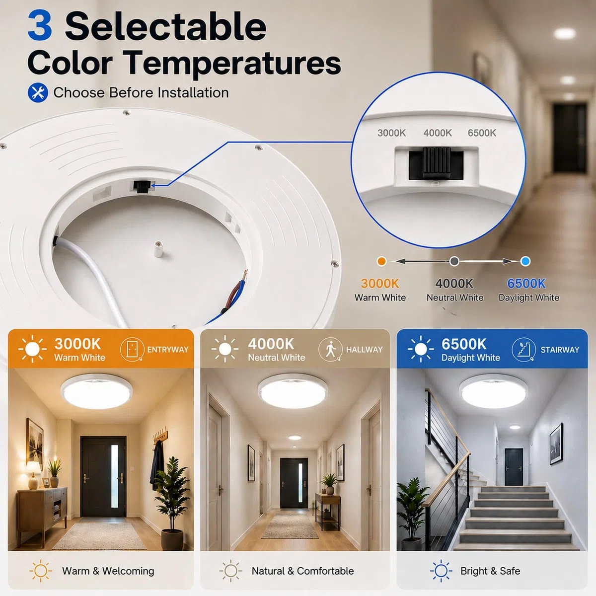 EASY EAGLE Plafoniera LED Soffitto con Sensore di Movimento, 18W Lampada a Soffitto 2700K 4000K 6000K, Lampadario LED Soffitto per Corridoio, Portico, Cucina, Garage, Ingresso, Scala, 22CM