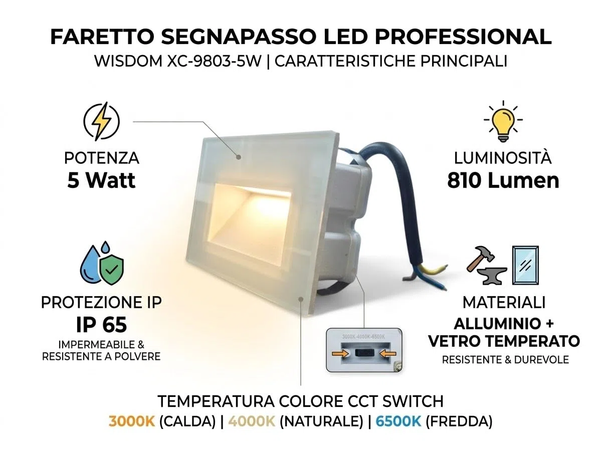Segnapasso LED da Incasso per 503 a Parete IP65 5W 500 Lumen CCT Switch Luce Calda Fredda e Naturale Vetro Frontale per Scale Corridoi e Esterno