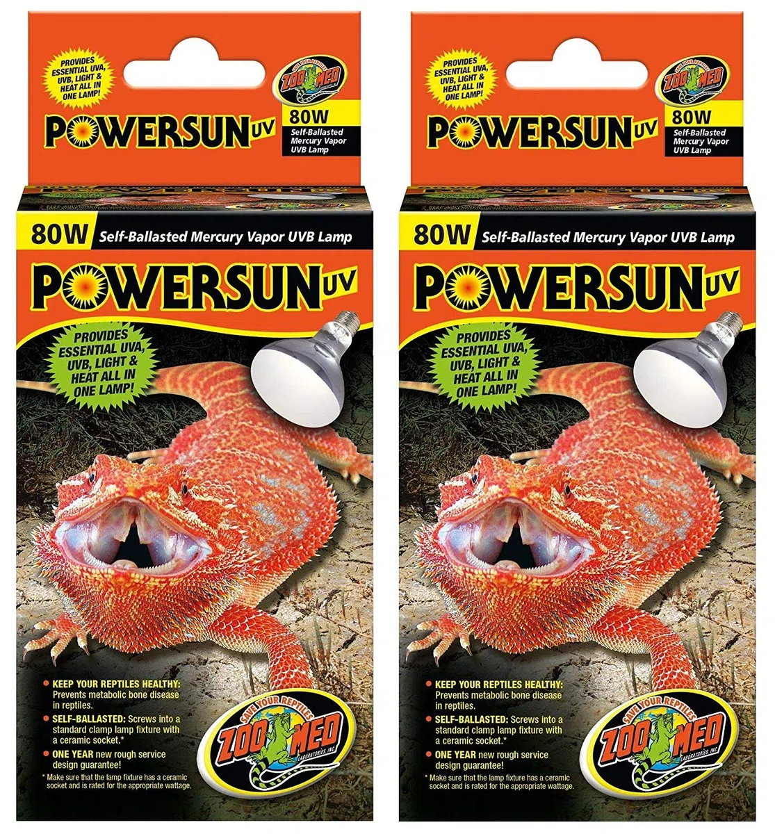 Zoo Med PowerSun - Confezione da 2 lampadine UV per rettili, 80 Watt, auto-ballasted, a vapori di mercurio, lampada UVB 2