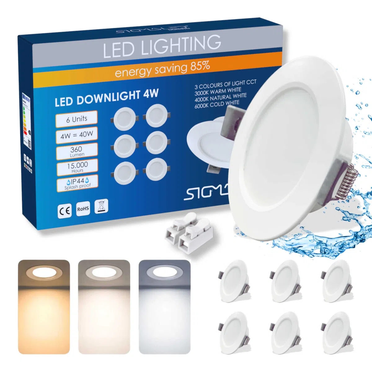 Sigmaled lighting – 6 Faretti LED da Incasso 4W, Spot Ultra Slim 360 lm, 3 Colori Luce Calda Naturale Fredda, IP44 Bagno Interno Esterno Coperto, Cartongesso Soffitto, Foro Ø70–80 mm, 220–240V