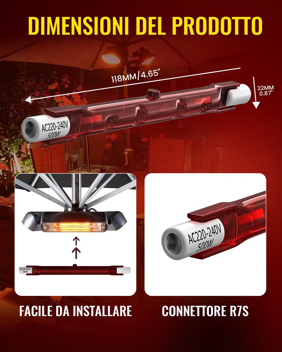DoRight 4X Lampadina Riscaldatore Rubino 500W R7S, Lampadine Riscaldanti al Quarzo a Infrarossi 118MM 240V R7 Lampada Riscaldatore Alogeno Dimmerabile per Riscaldatore Giardino Interno/Esterno