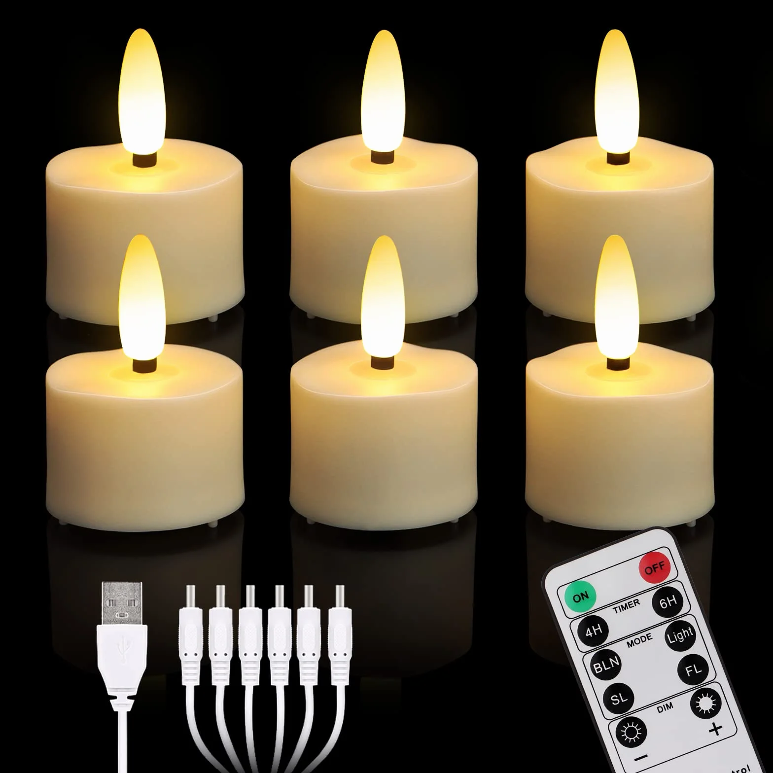 yunsheng 6 lumini a LED ricaricabili, senza fiamma, con telecomando con timer e 6 porte, cavo di ricarica USB, luce bianca calda, luce tremolante, Halloween, Natale, casa, matrimonio, decorazione