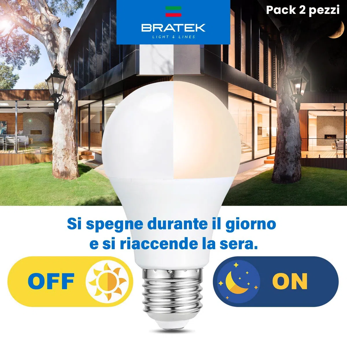 Bratek 2 Lampadine Crepuscolari a Doppio Sensore da Esterno E27 LED A60 9W 3000k - Lampade Crepuscolare da Esterno Luce Calda - 800 Lumen Equivalenti Lampadine 60W a Incandescenza o 45W Alogene