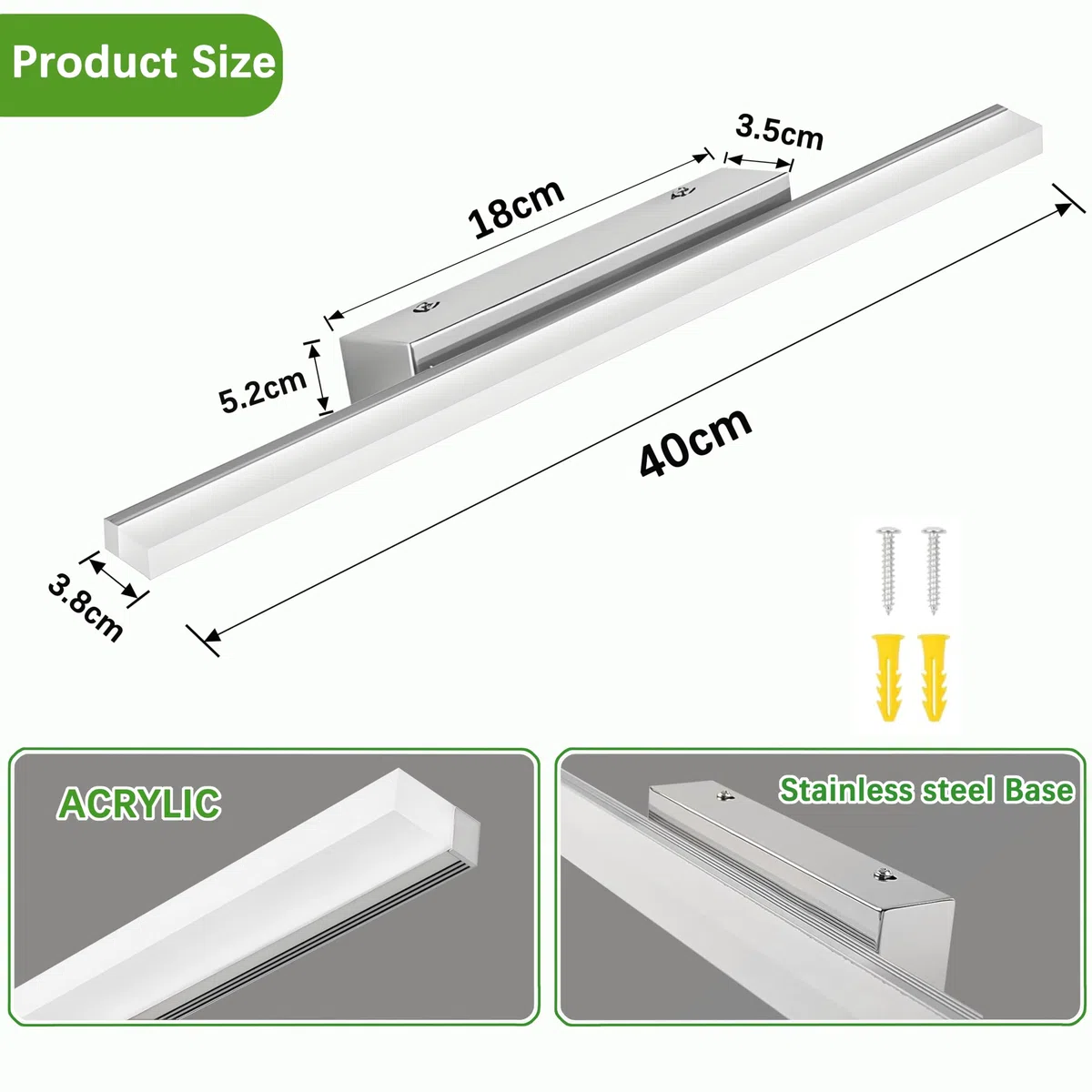 Lampada da Specchio Bagno 8W 40cm, IP44 Applique LED da Specchio Bagno, Luce bagno Parete, 800 Lumen,Luci da specchio 110-240V, Non-dimmerabile (Cromo,Bianco neutro 4000k)